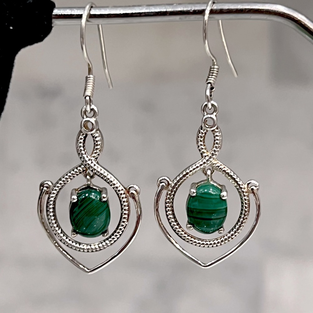 African Malachite Sterling Silver Dangling Drop Earring - Picture 5 of 9
